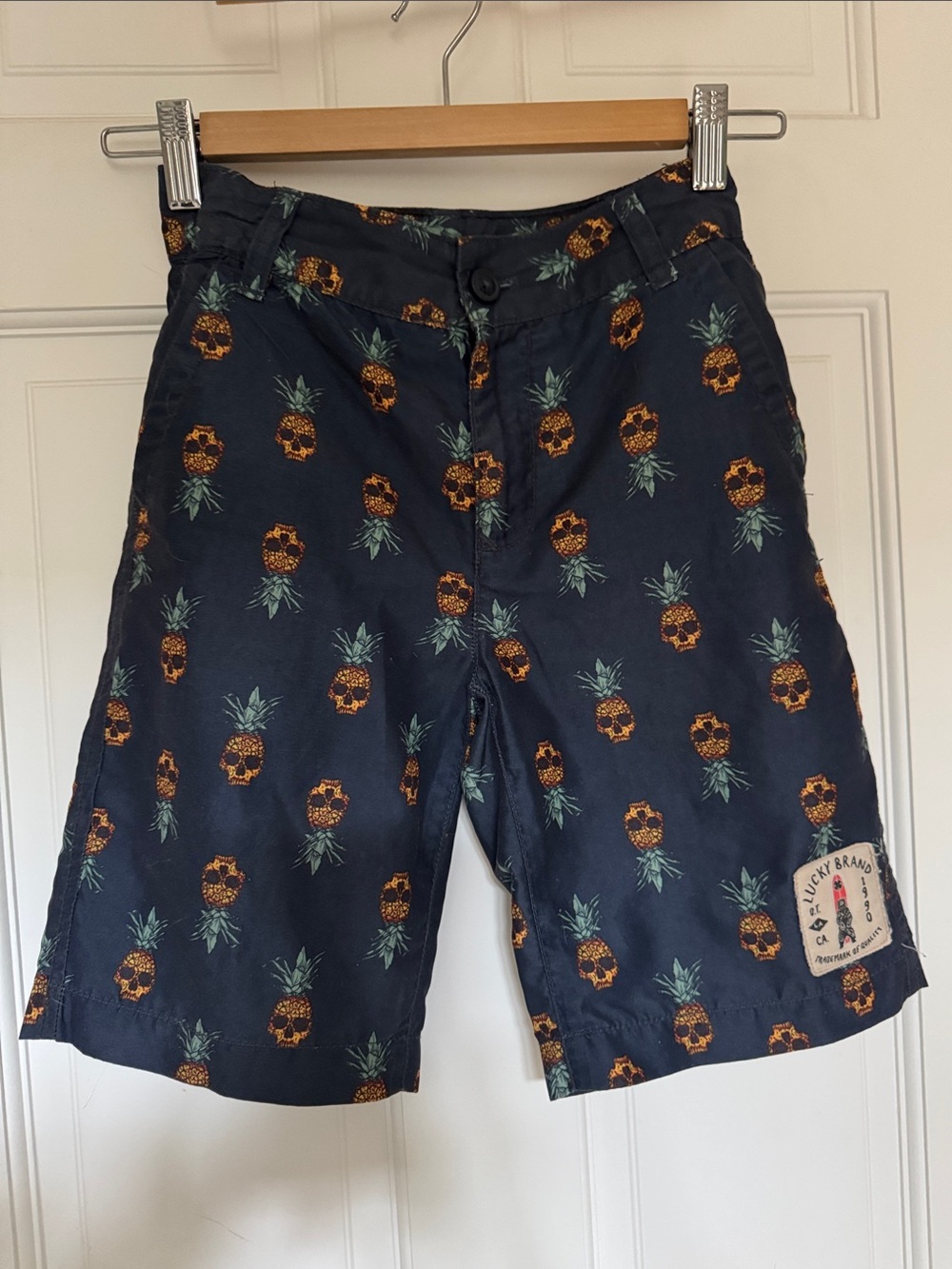 Lucky Brand Navy Shorts with Orange Pineapple Skull Print